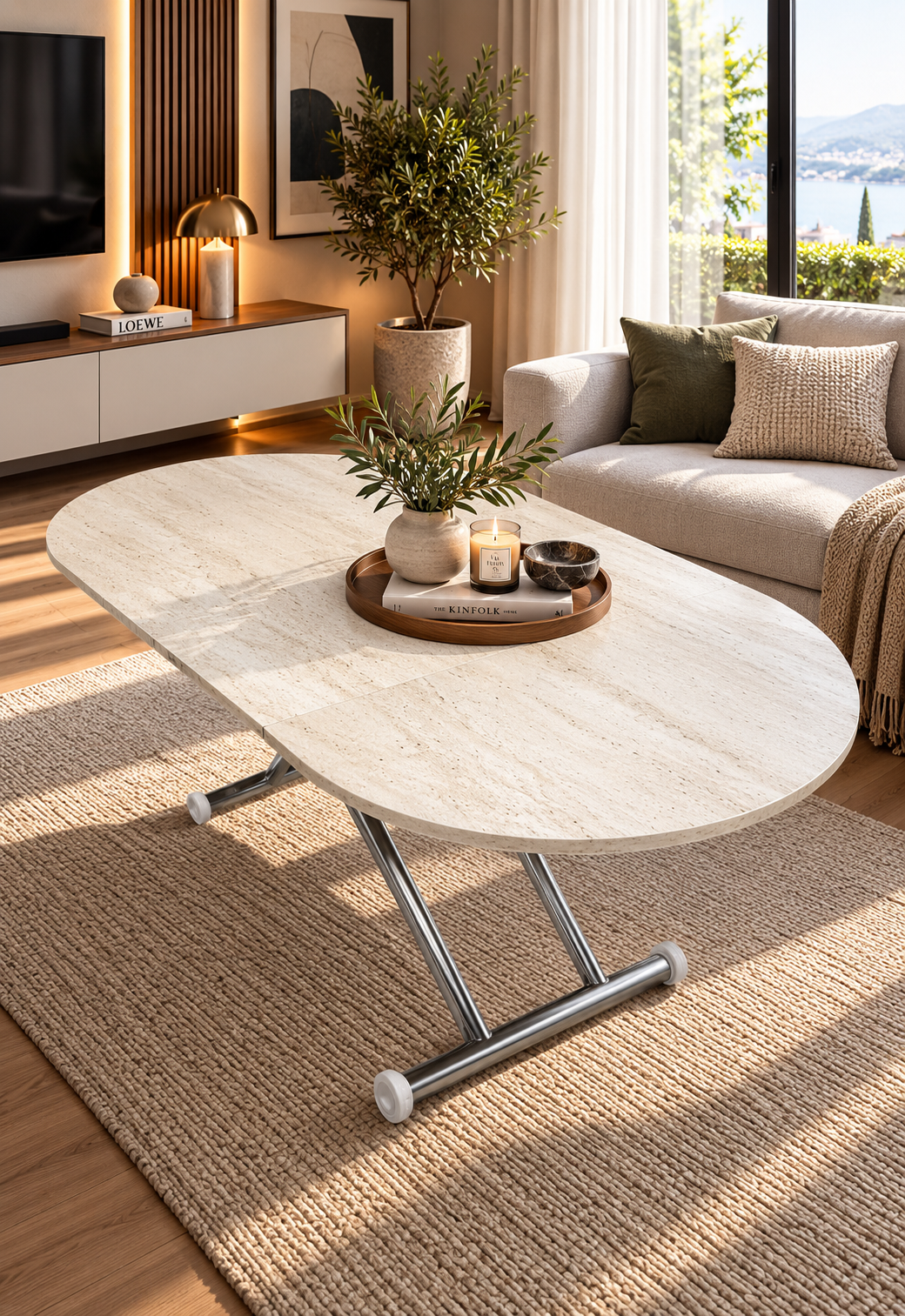 Oval Extendable Smart Table | Travertine MDF & Chrome