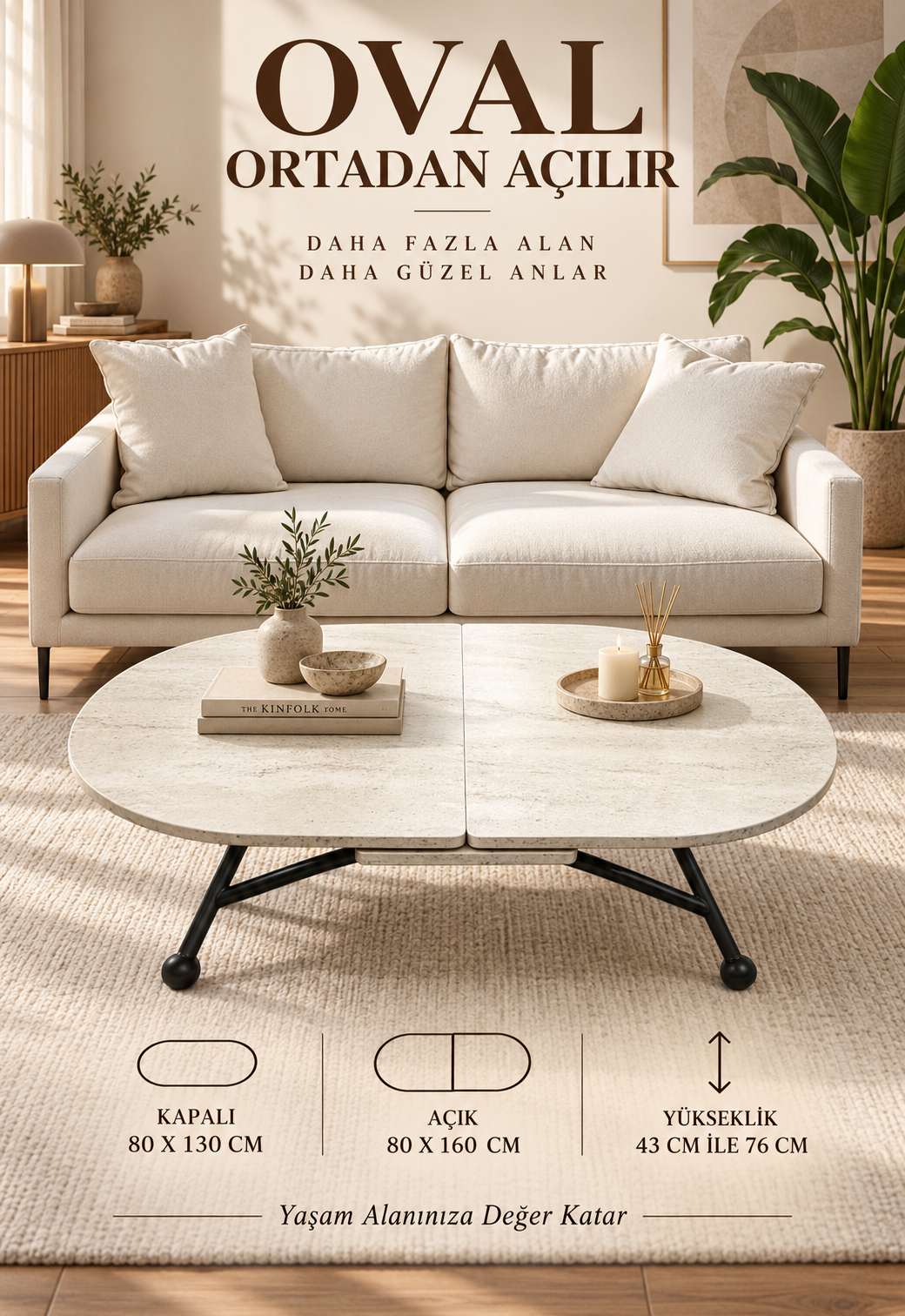 Ortadan Açılır Oval Akıllı Masa | Traverten MDF & Siyah
