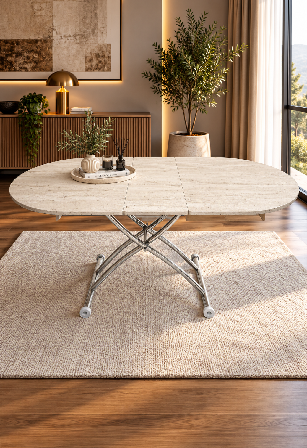 Oval Extendable Smart Table | Travertine MDF & Chrome
