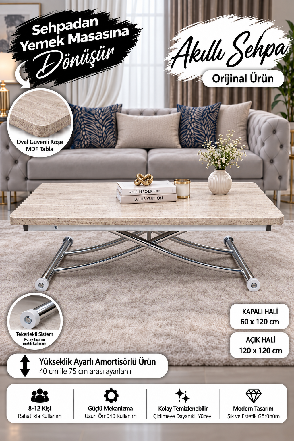 Juppo Smart Coffee Table – Travertine MDF Top & Chrome Metal Legs