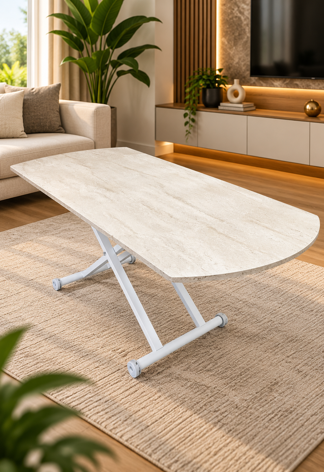 Oval Side Opening Smart Table | Travertine MDF & White