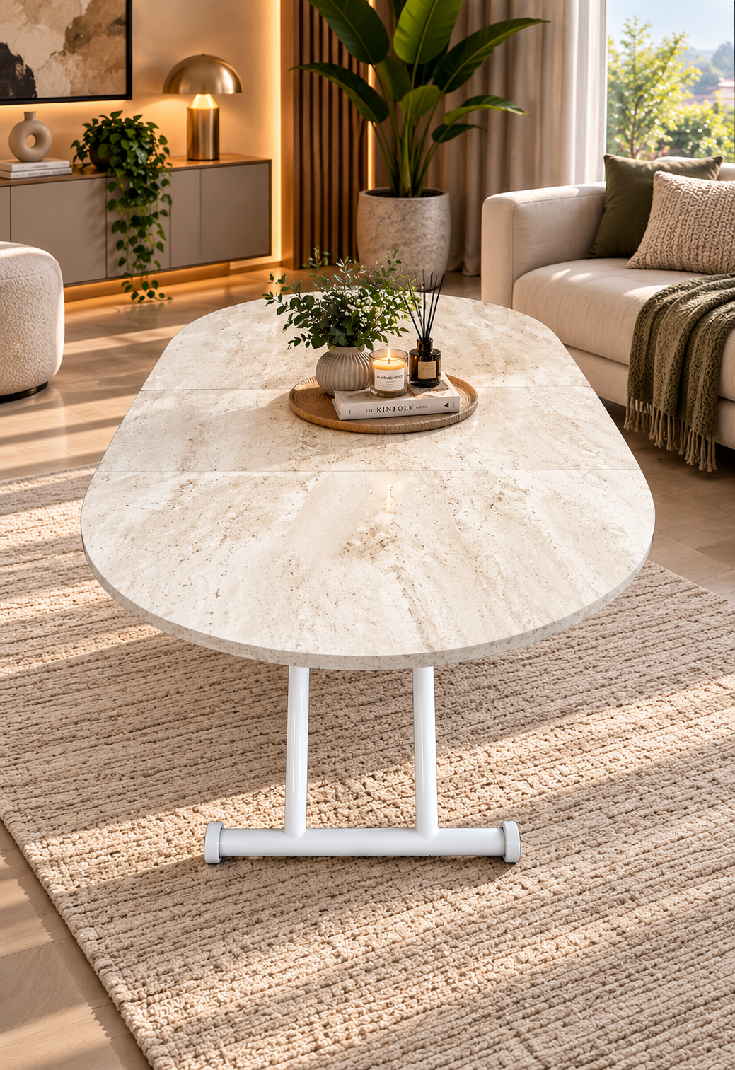 Oval Smart Extending Table | Travertine MDF & White
