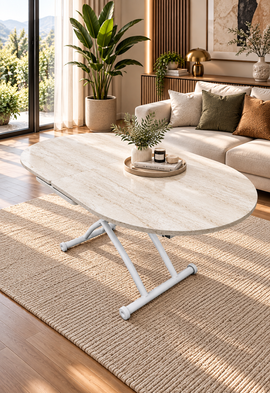 Oval Smart Extending Table | Travertine MDF & White