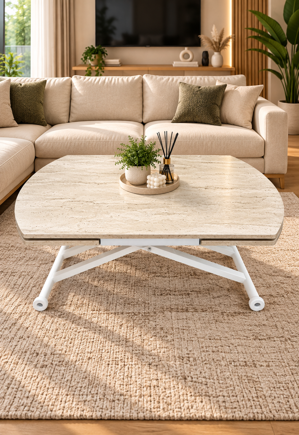 Oval Side Opening Smart Table | Travertine MDF & White