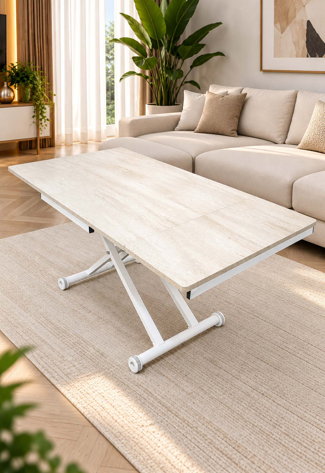 Side Open Smart Table | Travertine MDF Top & White Legs