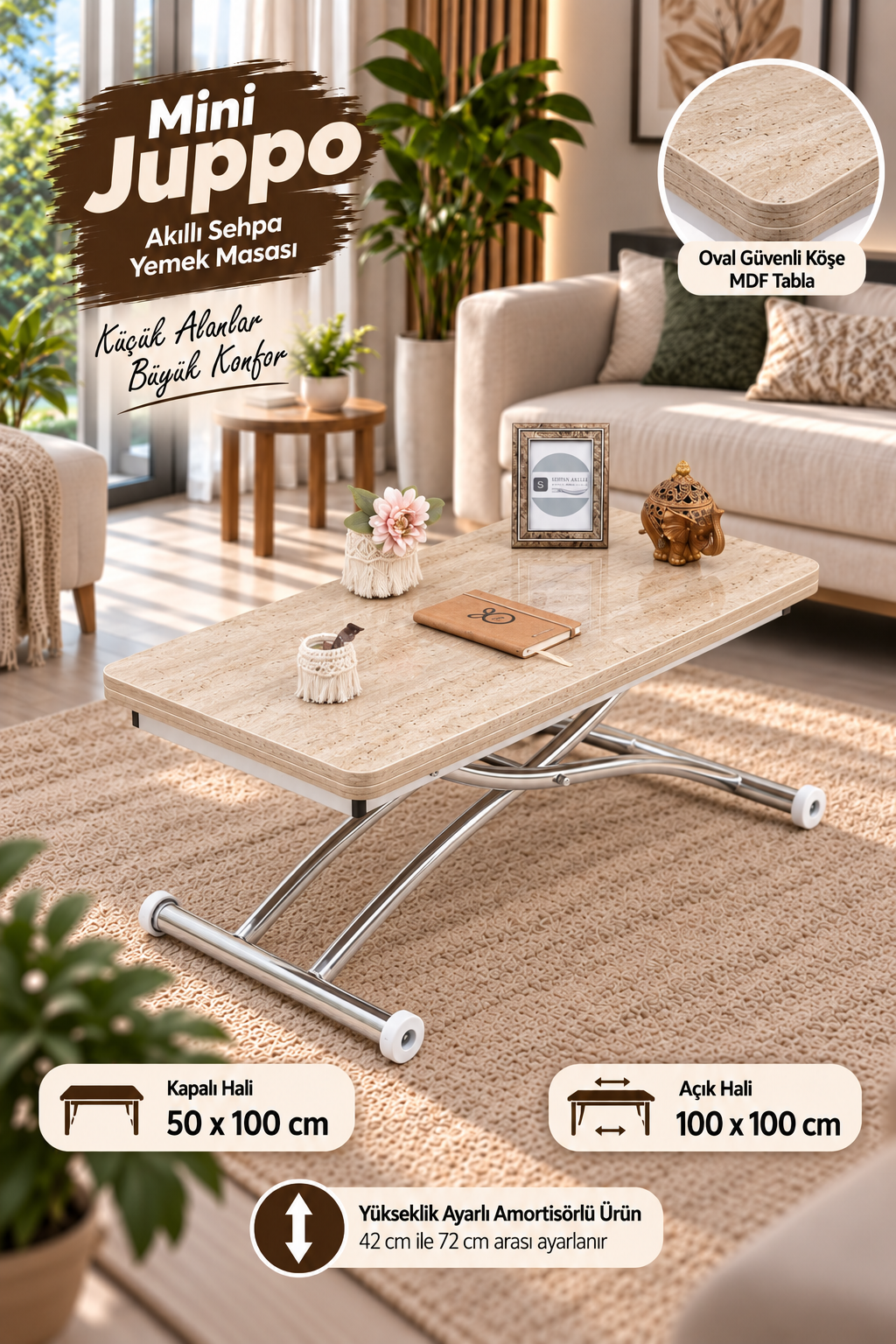 Mini Juppo Smart Coffee Table – Travertine MDF Top & Chrome Outward-Curved Metal Leg