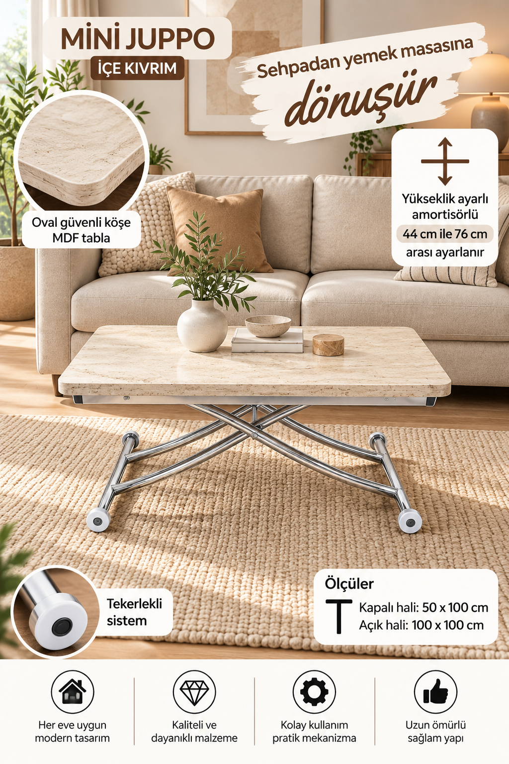 Mini Juppo Akıllı Sehpa – Traverten MDF Üst & Krom İçe Kıvrım Metal Ayak