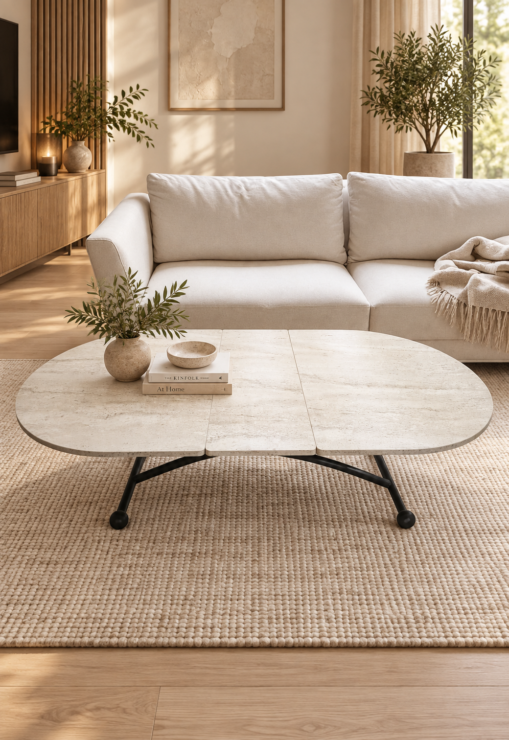 Oval Extendable Smart Table | Travertine MDF & Black