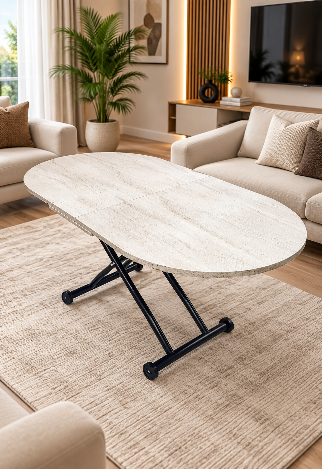 Ortadan Açılır Oval Akıllı Masa | Traverten MDF & Siyah