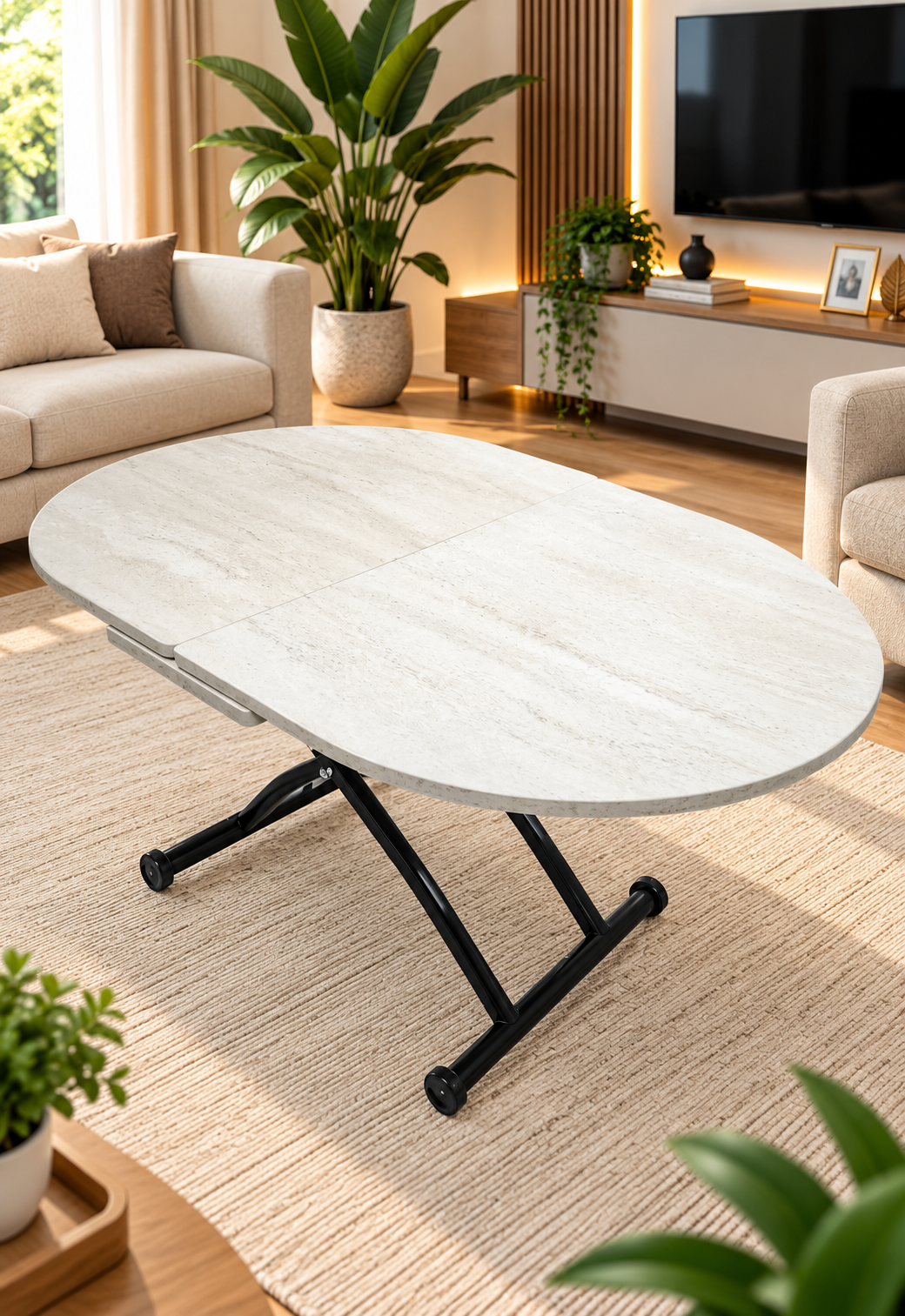 Oval Extendable Smart Table | Travertine MDF & Black