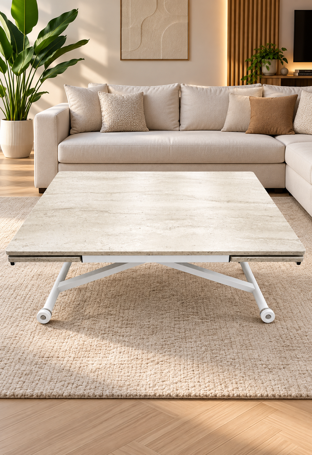 Side Open Smart Table | Travertine MDF Top & White Legs
