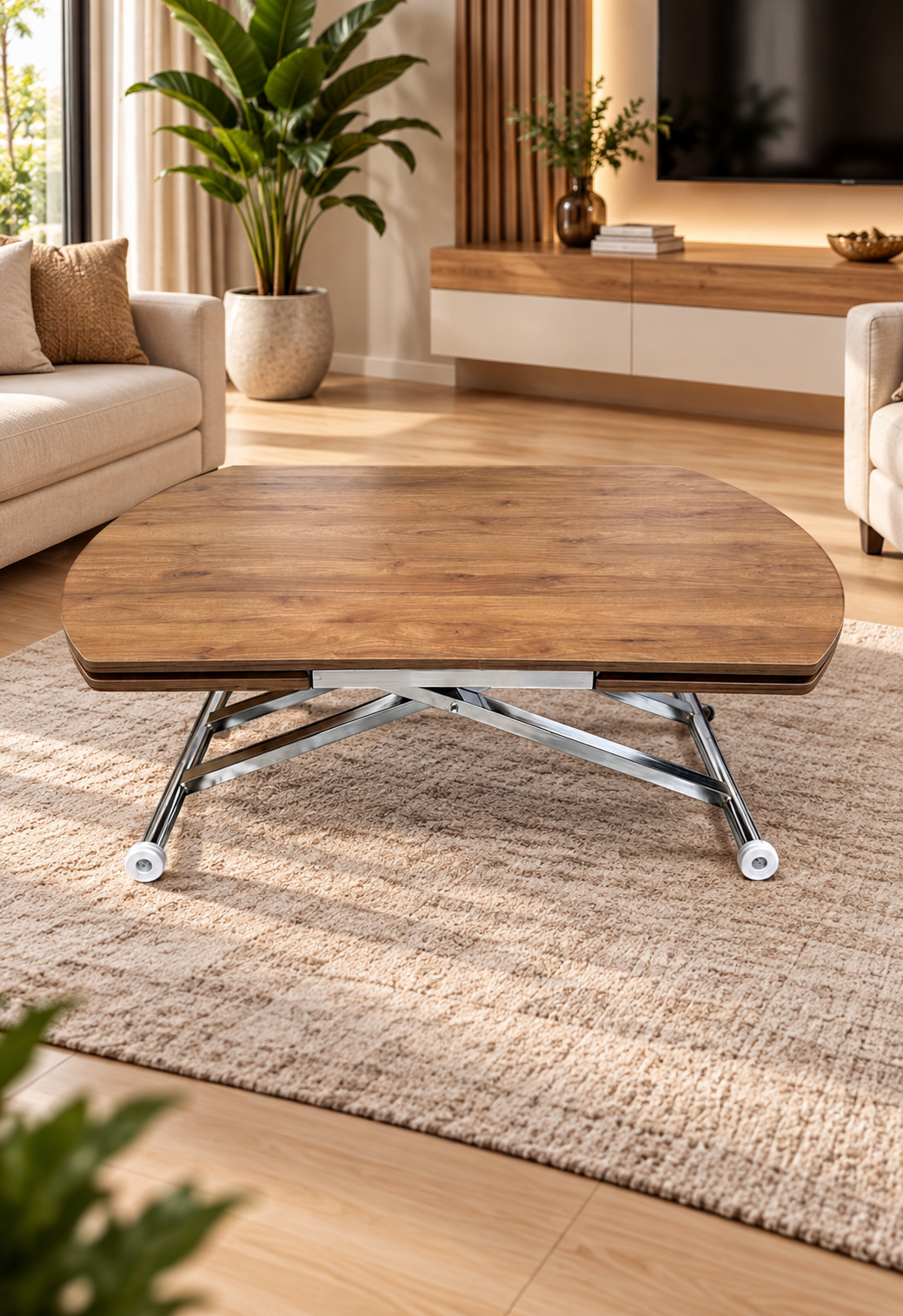 Oval Side-Opening Smart Table | Walnut MDF & Chrome