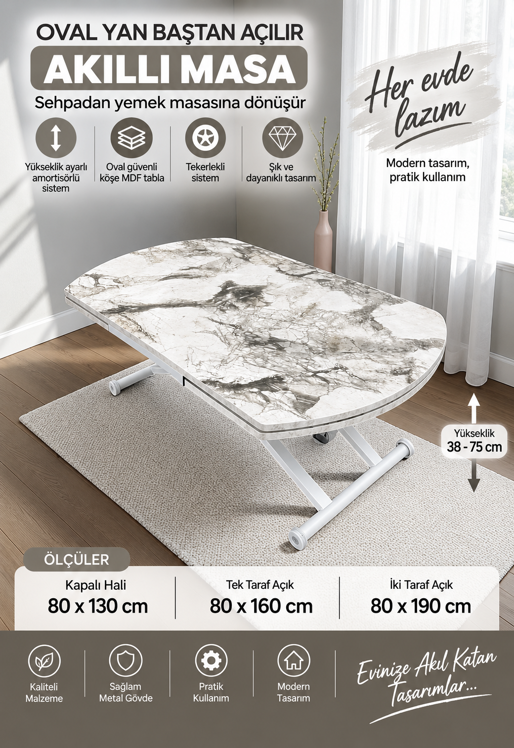 Oval Side Opening Smart Table | White Marble & White