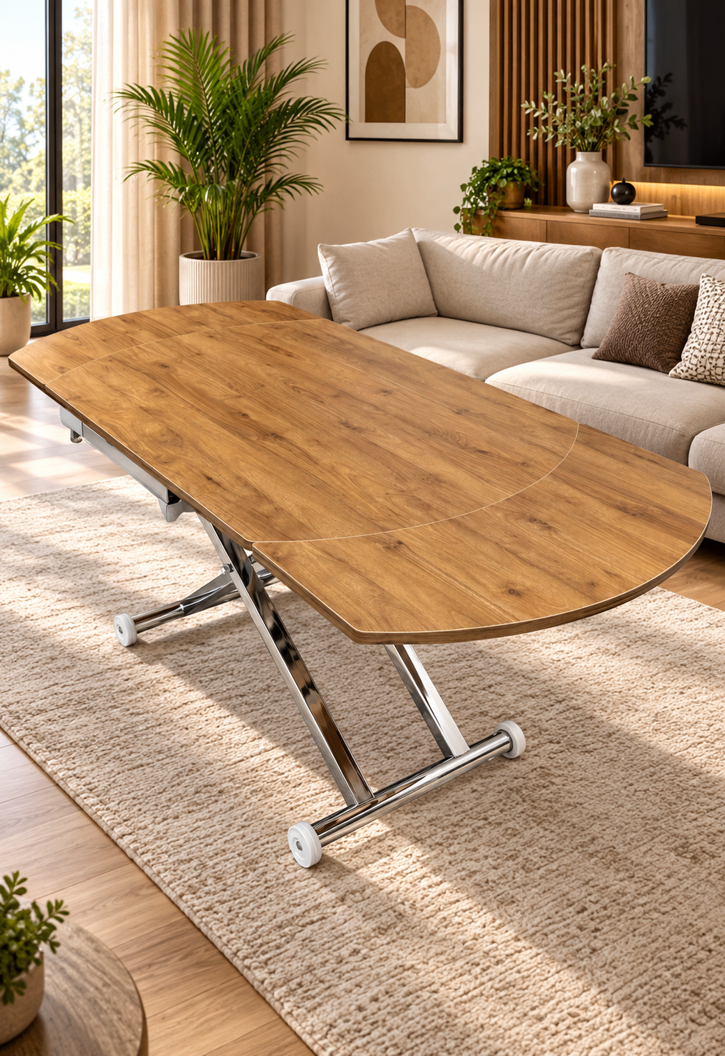 Oval Side-Opening Smart Table | Walnut MDF & Chrome