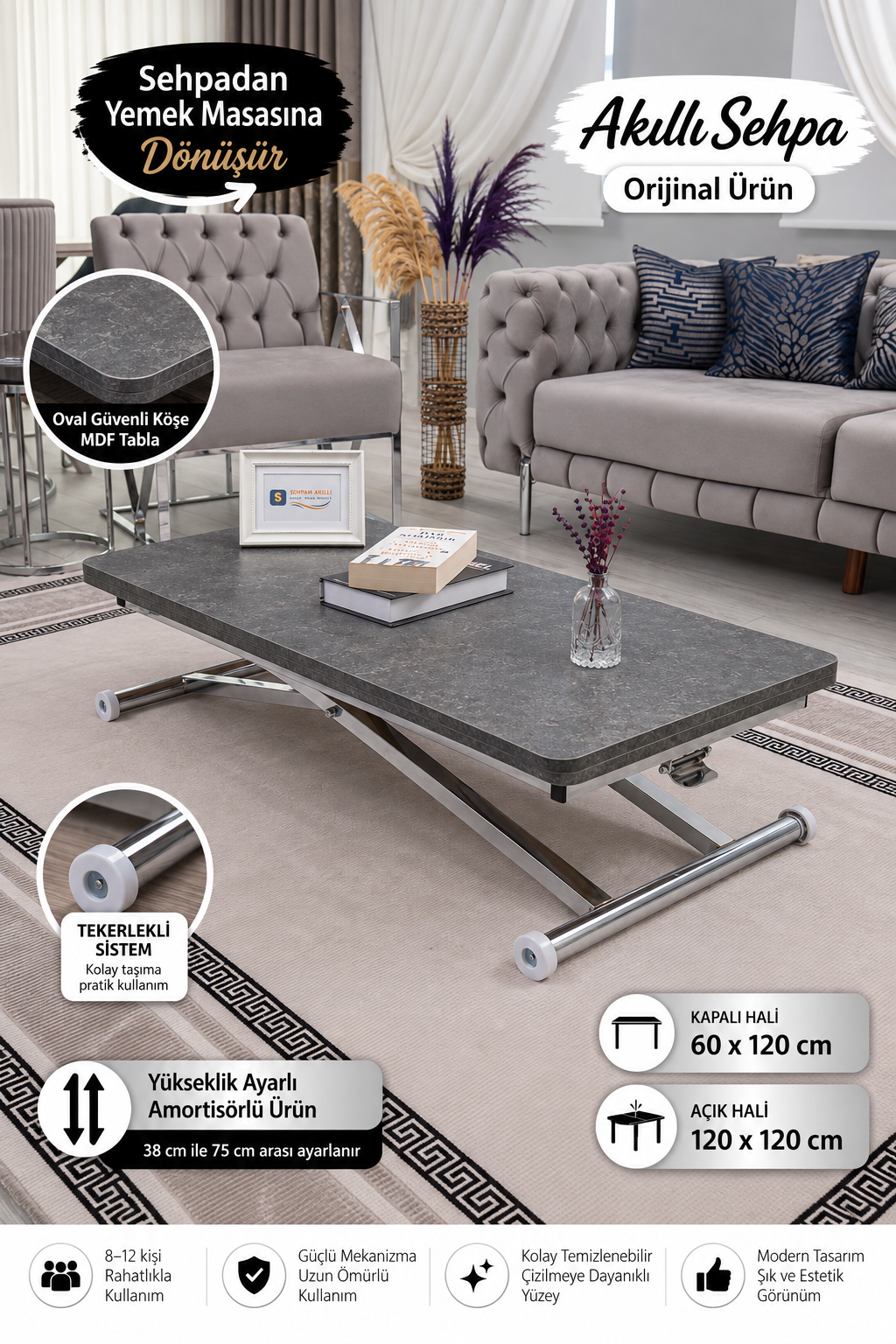 Home Akıllı Sehpa – Frezeli Antrasit MDF Üst & Krom Kaplama Metal Ayak