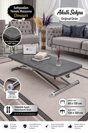 Home Akıllı Sehpa – Frezeli Antrasit MDF Üst & Krom Kaplama Metal Ayak