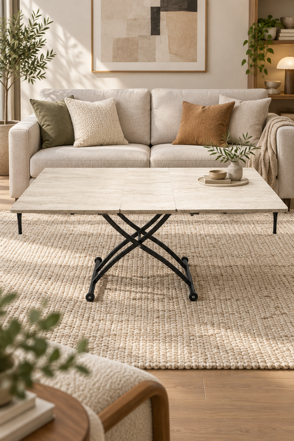 Extendable Square Smart Table | Travertine MDF & Black
