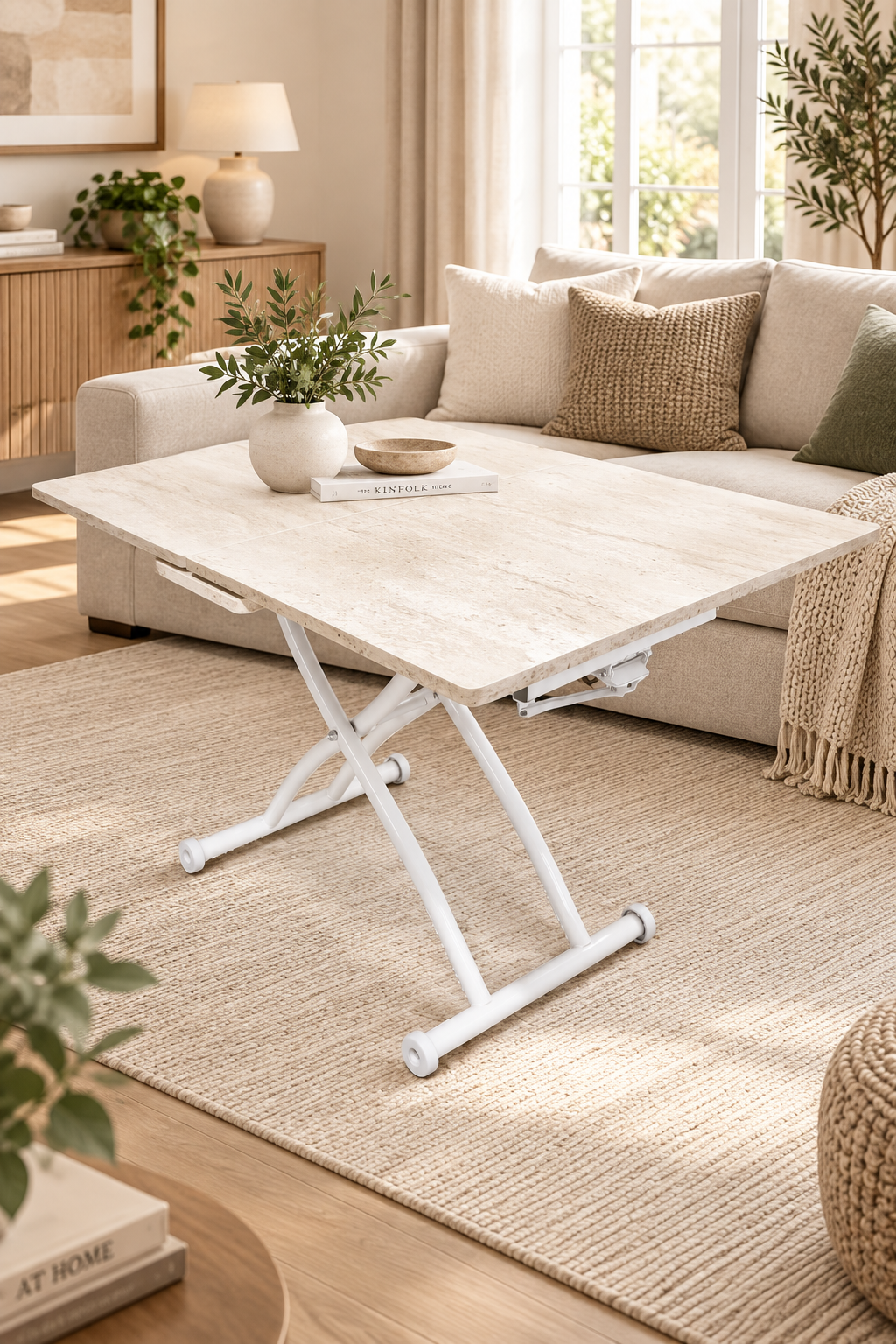 Expandable Square Smart Table | Travertine MDF & White
