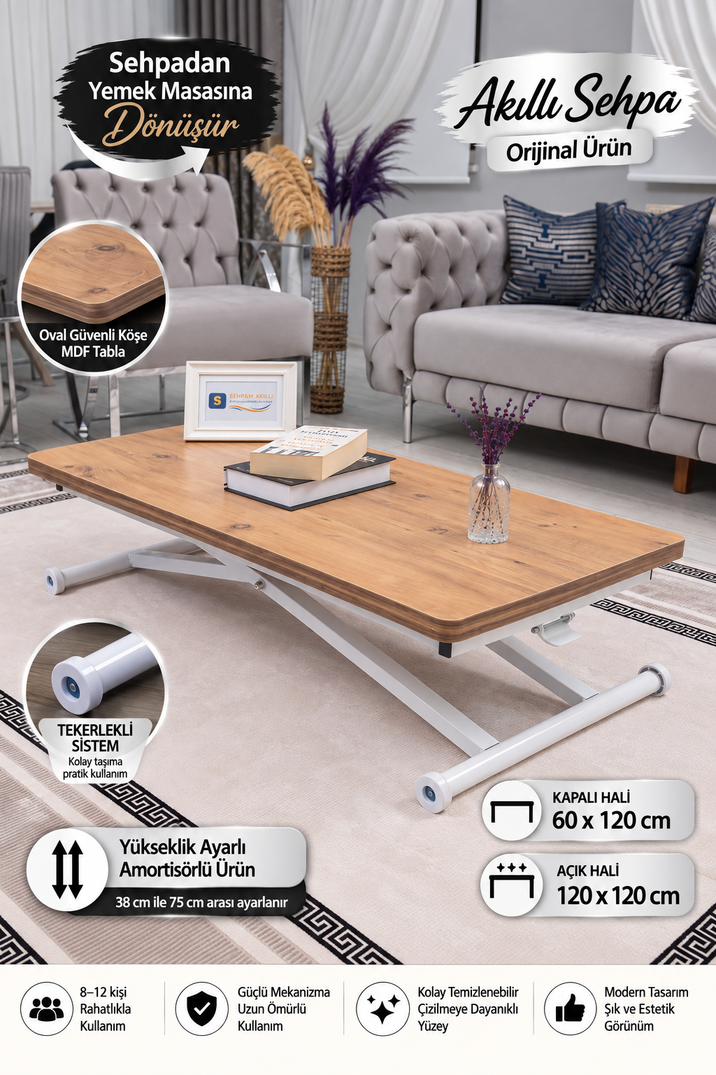 Home Smart Coffee Table – EfesCam MDF Top & White Metal Legs