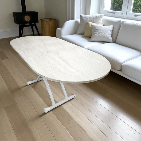 Oval şekilli, ortadan açılabilir akıllı masa. Üst yüzeyi traverten desenli MDF, alt kısmı beyaz renkli modern ayaklarla desteklenmiş şık ve fonksiyonel tasarım.  İstersen daha SEO odaklı ya da farklı stillerde (örneğin minimalist, teknik, kullanıcı odaklı