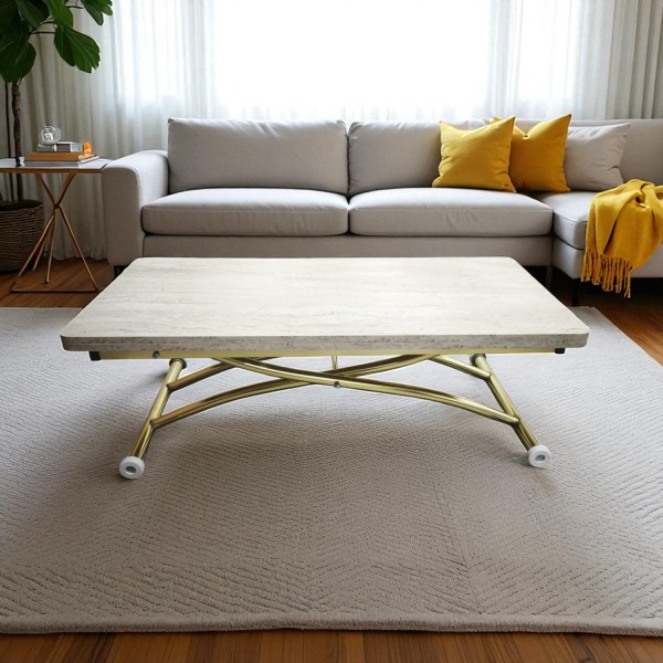 Traverten desenli MDF üst tablaya sahip, oval köşeli, yuvarlak gold kaplamalı dışa kıvrımlı ayak tasarımıyla modern Juppo masa