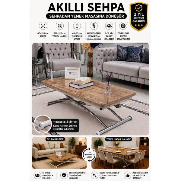 Home Antiklayt MDF Üst Tabla Krom Kaplama Ayaklı Oval Köşe Akıllı Sehpa