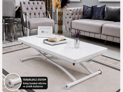 Home Üst Tabla MDF Beyaz Oval Köşe Alt Ayak Beyaz Renk Akıllı Sehpa