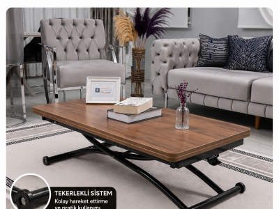 Home Üst Tabla MDF Ceviz Oval Köşe Alt Ayak Siyah Renk Akıllı Sehpa