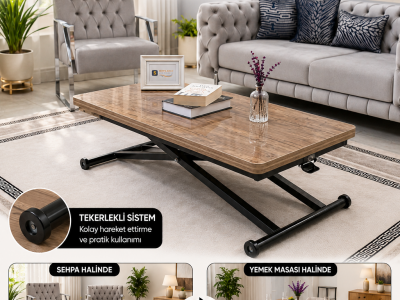 Home Üst Tabla MDF Antiklayt Oval Köşe Alt Ayak Siyah Renk Akıllı Sehpa