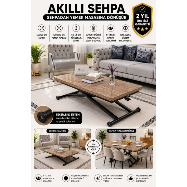 Home Antiklayt MDF Oval Köşe Siyah Ayaklı Akıllı Sehpa Yemek Masasına Dönüşebilen Model