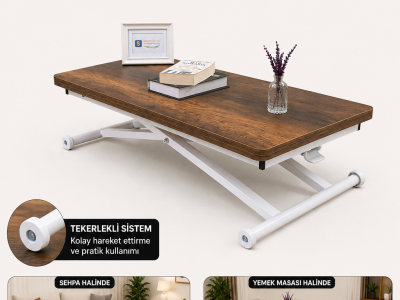 Home Üst Tabla MDF Barok Koyu Ceviz Oval Köşe Alt Ayak Beyaz Renk Akıllı Sehpa