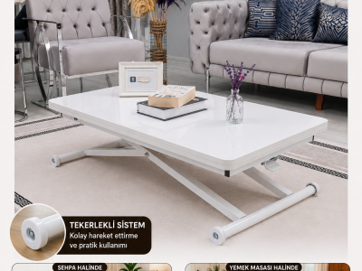Home Üst Tabla MDF Beyaz Oval Köşe Alt Ayak Beyaz Renk Akıllı Sehpa
