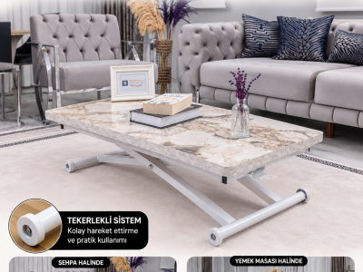 Home Üst Tabla Mdf Beyaz Mermer Oval Köşe Alt Ayak Beyaz Renk