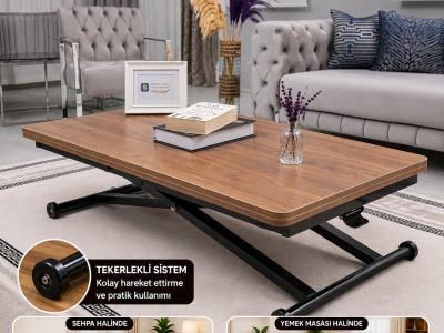 Home Üst Tabla MDF Ceviz Oval Köşe Alt Ayak Siyah Renk Akıllı Sehpa
