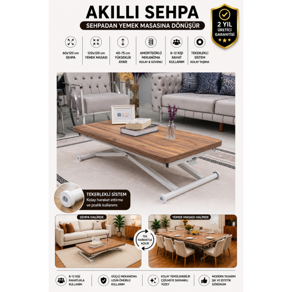 Home Üst Tabla MDF Urartu Oval Köşe Alt Ayak Beyaz Renk Akıllı Sehpa