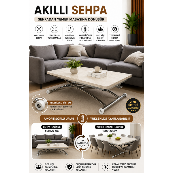 Juppo akıllı sehpa, traverten desenli MDF oval üst tabla ve krom kaplama yuvarlak dışa kıvrım alt ayaklarla.