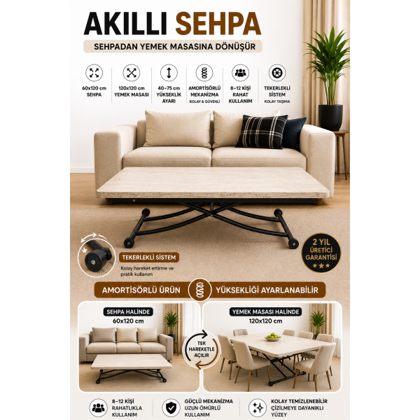 Juppo akıllı sehpa, traverten desenli MDF oval üst tabla ve siyah renkte yuvarlak içe kıvrım alt ayaklarla