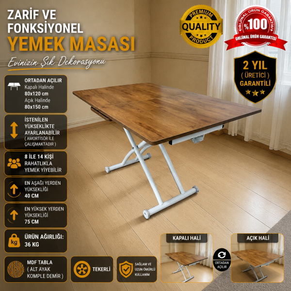 Ortadan Açılır Akıllı Masa Üst Mdf Ceviz Alt Ayak Beyaz Renk