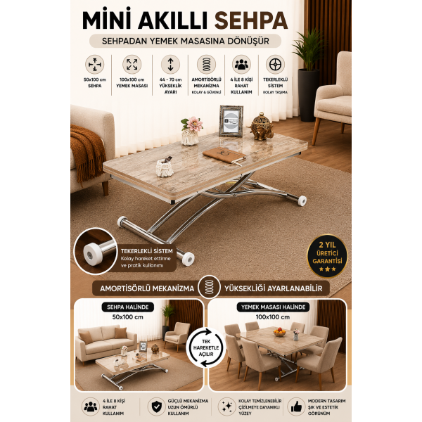 Mini Juppo Dışa K Akıllı Sehpa Üst Tabla Mdf Antiklayt Oval Köşe Alt Krom Kaplama
