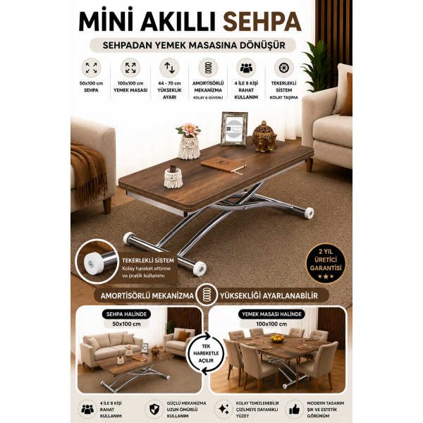 Mini Juppo Dışa K Akıllı Sehpa Üst Tabla Mdf Barok Koyu Ceviz Oval Köşe Alt Ayak Krom Kaplama