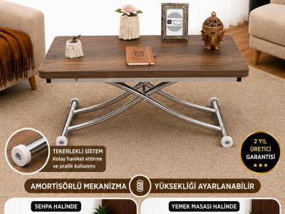 Mini Juppo İçe K Akıllı Sehpa Üst Tabla Mdf Barok Koyu Ceviz Oval Köşe Alt Krom Kaplama