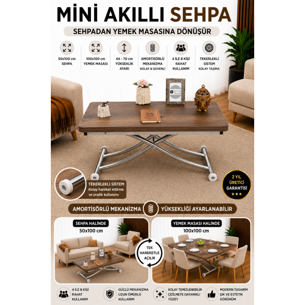 Mini Juppo İçe K Akıllı Sehpa Üst Tabla Mdf Barok Koyu Ceviz Oval Köşe Alt Krom Kaplama