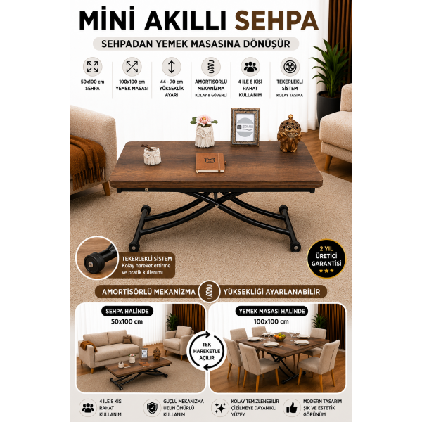 Mini Juppo İçe K Akıllı Sehpa Üst Tabla Mdf Barok Koyu Ceviz Oval Köşe Alt Ayak Siyah Renk