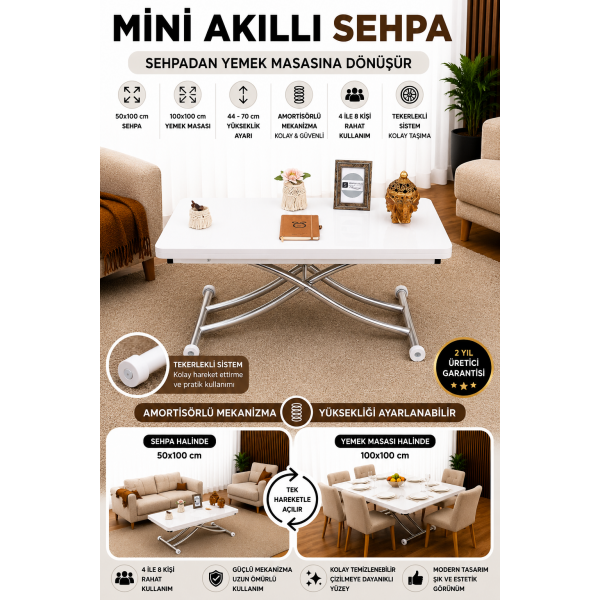 Mini Juppo İçe K Akıllı Sehpa Üst Tabla Mdf Beyaz Oval Köşe Alt Krom Kaplama