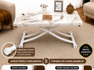 Mini Juppo İçe K Akıllı Sehpa Üst Tabla Mdf Beyaz Mermer Oval Köşe Alt Beyaz Renk