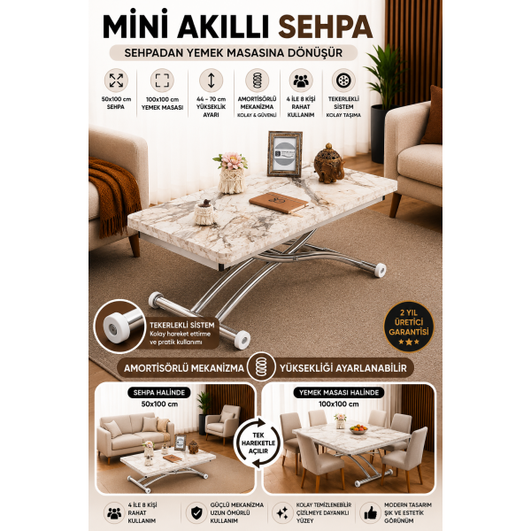 Mini Juppo Dışa K Akıllı Sehpa Üst Tabla Mdf Beyaz Mermer Oval Köşe Alt Krom Kaplama