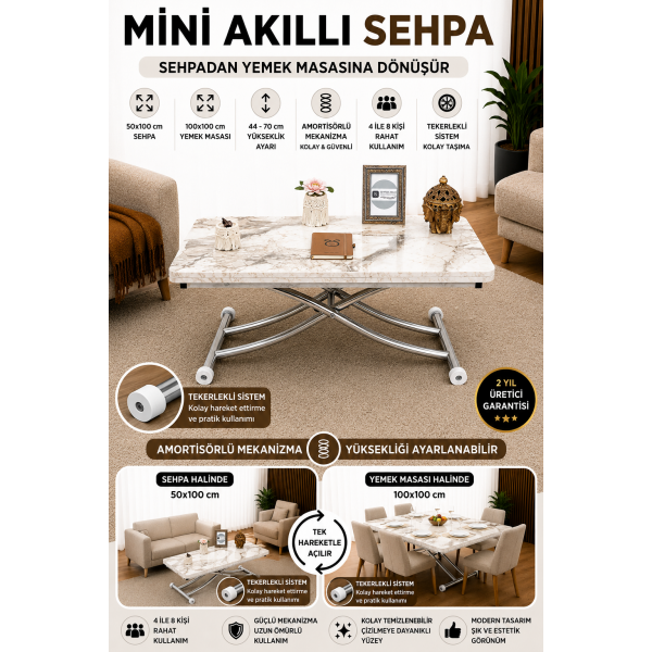 Mini Juppo İçe K Akıllı Sehpa Üst Tabla Mdf Beyaz Mermer Oval Köşe Alt Krom Kaplama