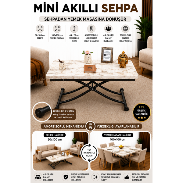 Mini Juppo İçe K Akıllı Sehpa Üst Tabla Mdf Beyaz Mermer Oval Köşe Alt Siyah Renk