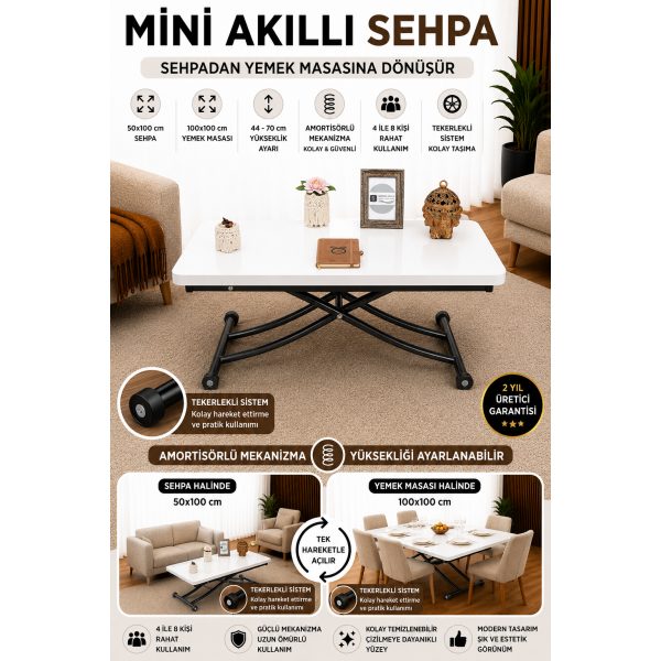 Mini Juppo İçe K Akıllı Sehpa Üst Tabla Mdf Beyaz Oval Köşe Alt Siyah Renk