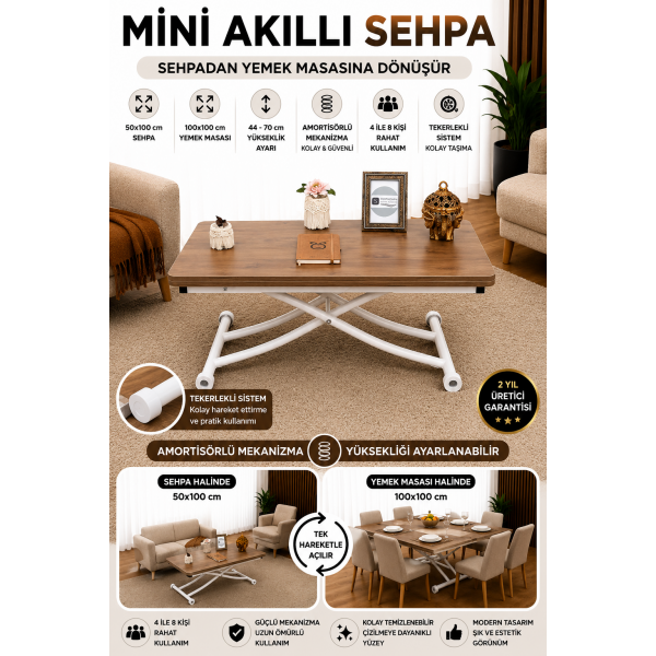 Mini Juppo İçe K Akıllı Sehpa Üst Tabla Mdf Ceviz Oval Köşe Alt Beyaz Renk